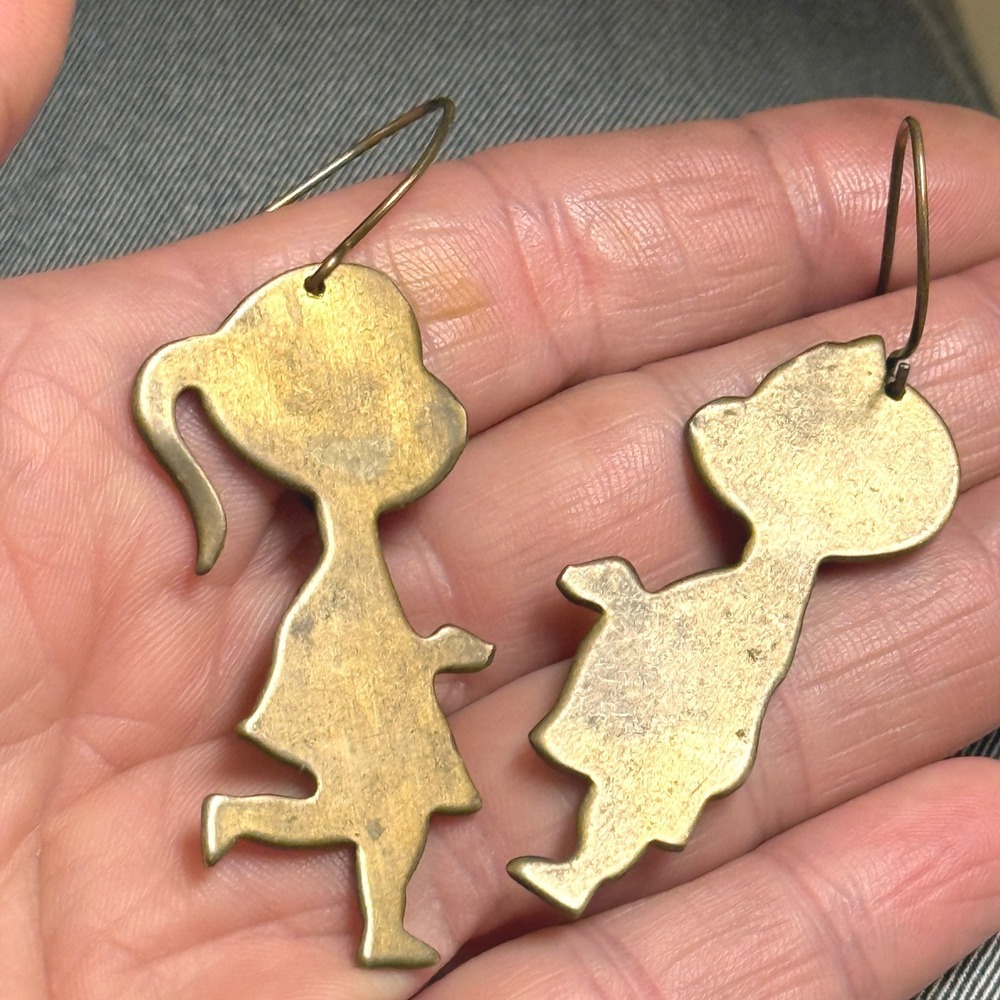 Vintage Brass Girl Silhouette Dangle Earrings Antique Gold Patina Handmade